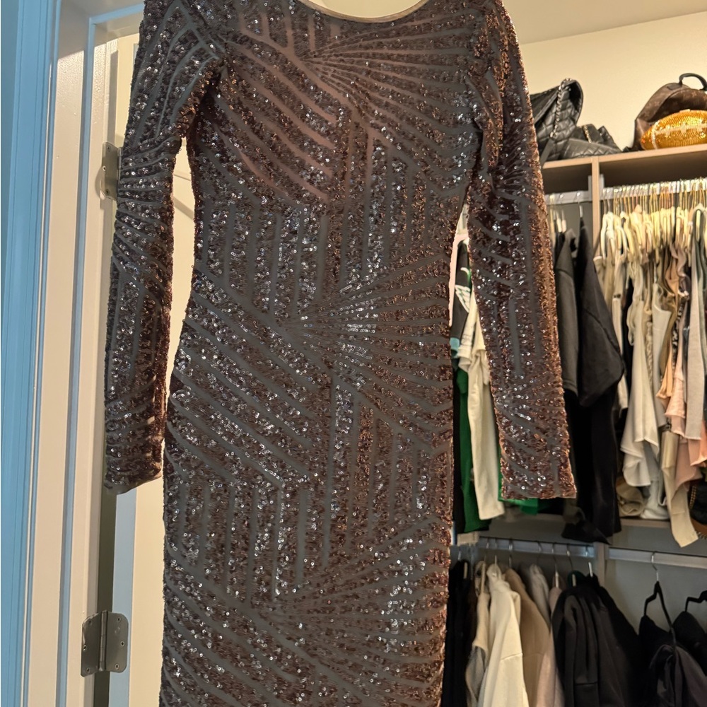 BCBG Sequin Long Sleeve Dress in Brown